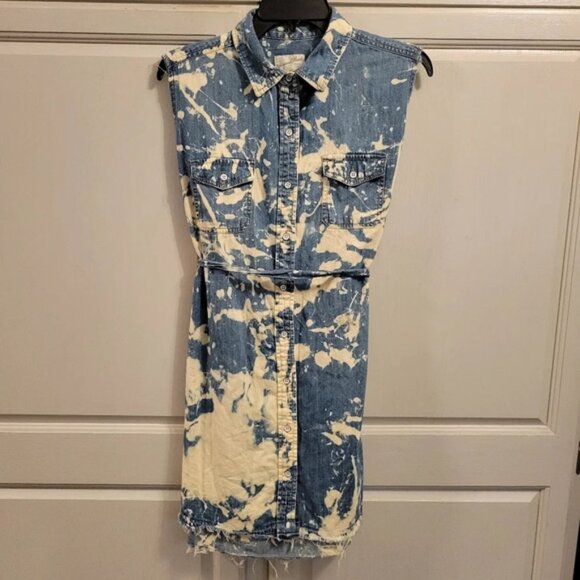 Universal Thread Bleach Splatter Denim Button Down Sleeveless Belted Shirt Dress - Picture 1 of 6